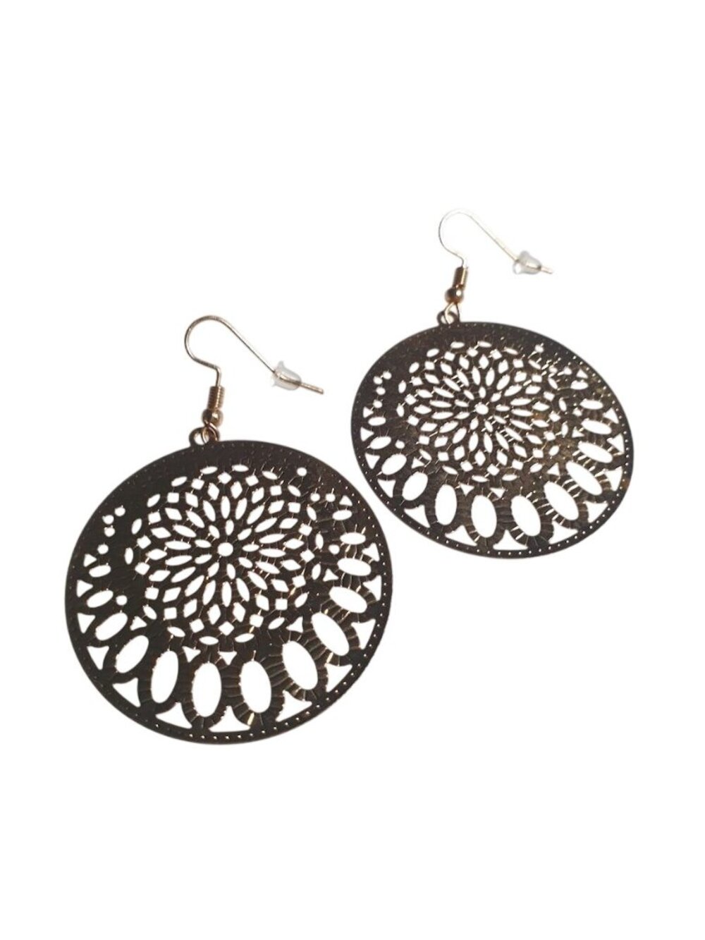Large Round Cutout Dangle Earrings Lightweight Gold Tone 2.5 Inch Hook Circle